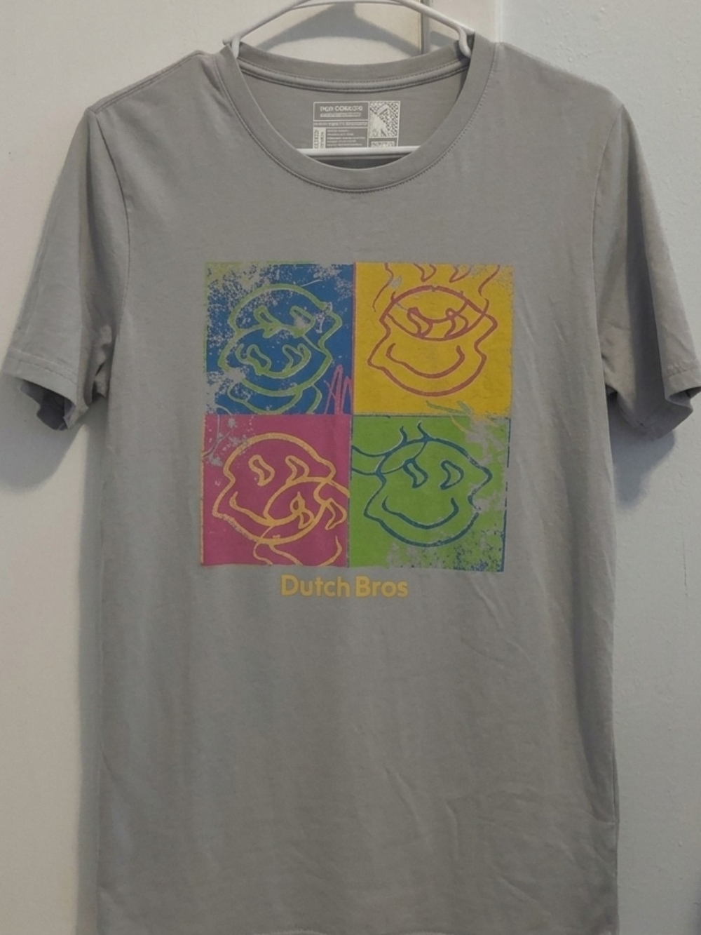 Dutch Bros Light Gray Tee with Multicolor Pop Art Squares